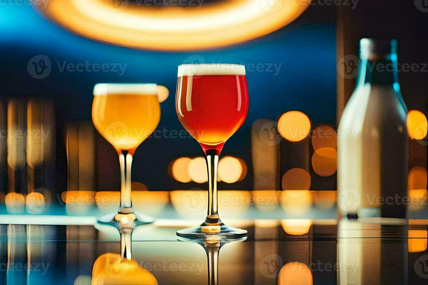 two glasses of beer on a bar counter. AI-Generated photo