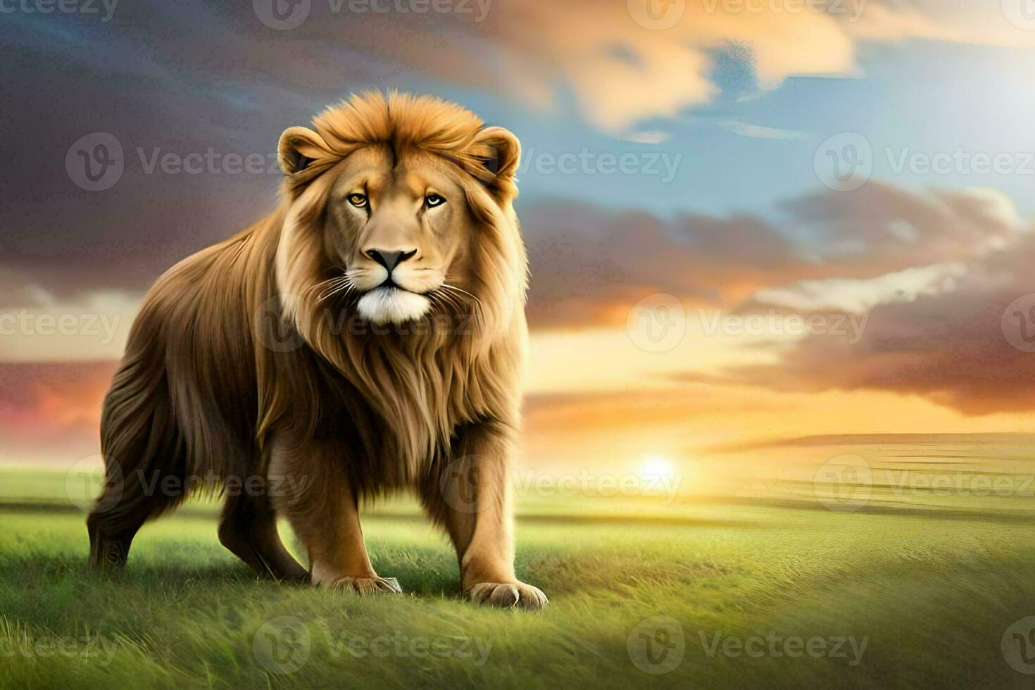 a lion standing in the grass at sunset. AI-Generated photo