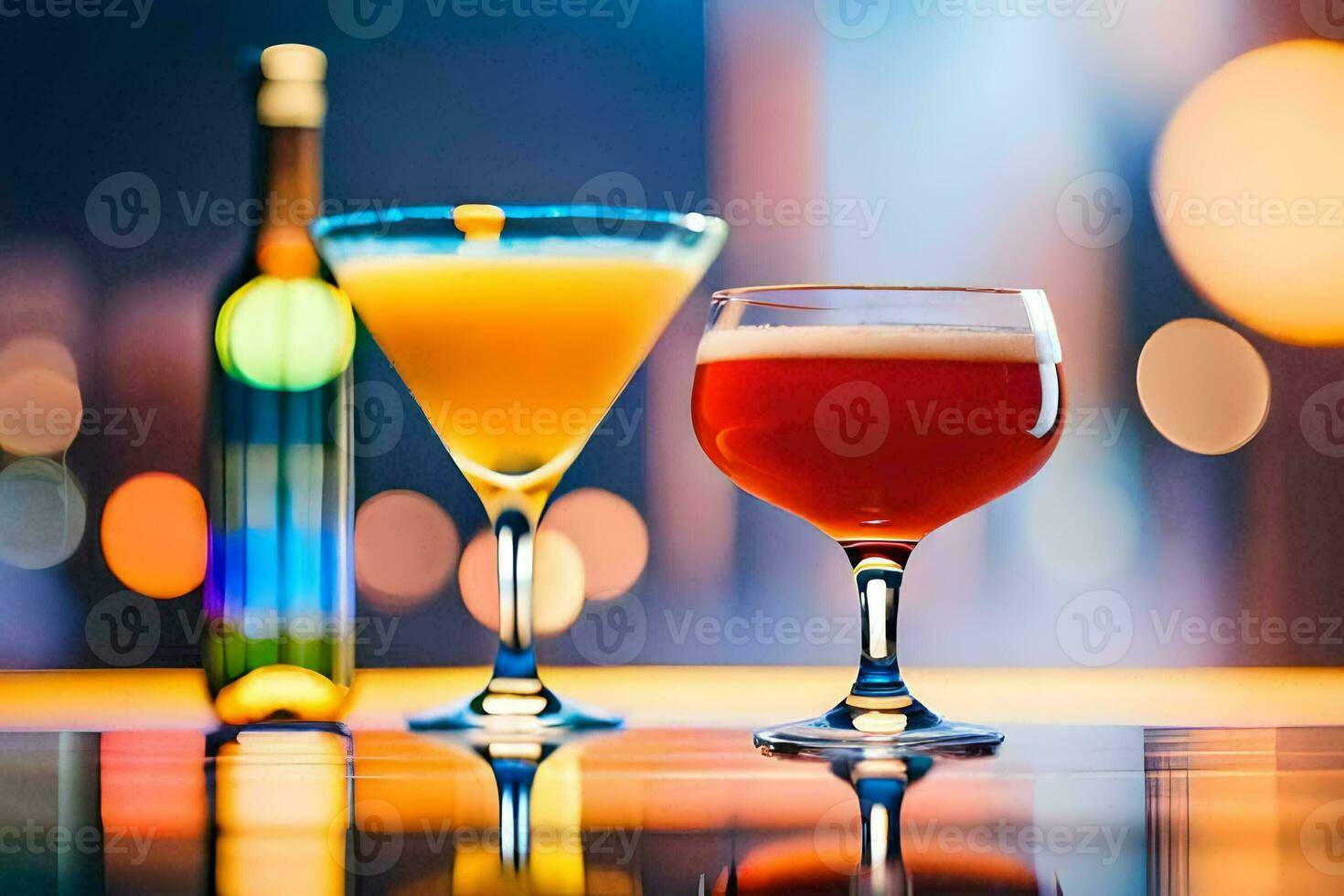 two glasses of alcohol and a bottle of wine on a table. AI-Generated photo