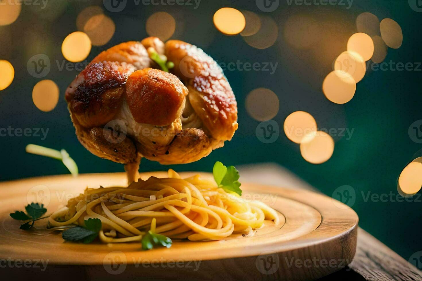 a chicken on a plate with spaghetti. AI-Generated photo