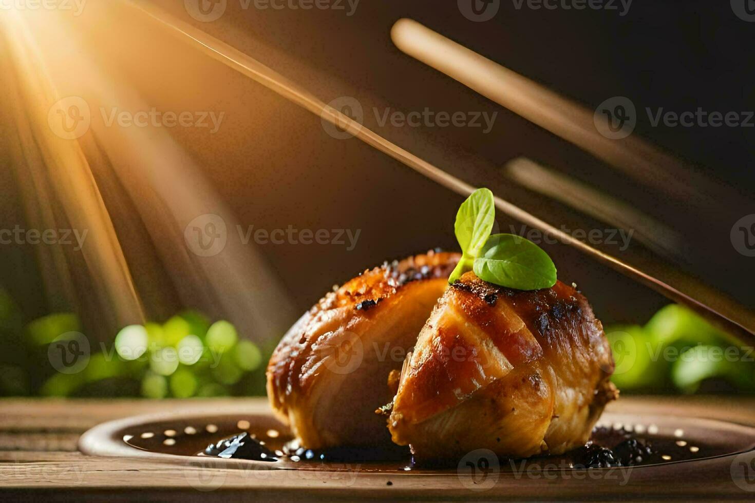 chopsticks on a plate with a piece of chicken. AI-Generated photo