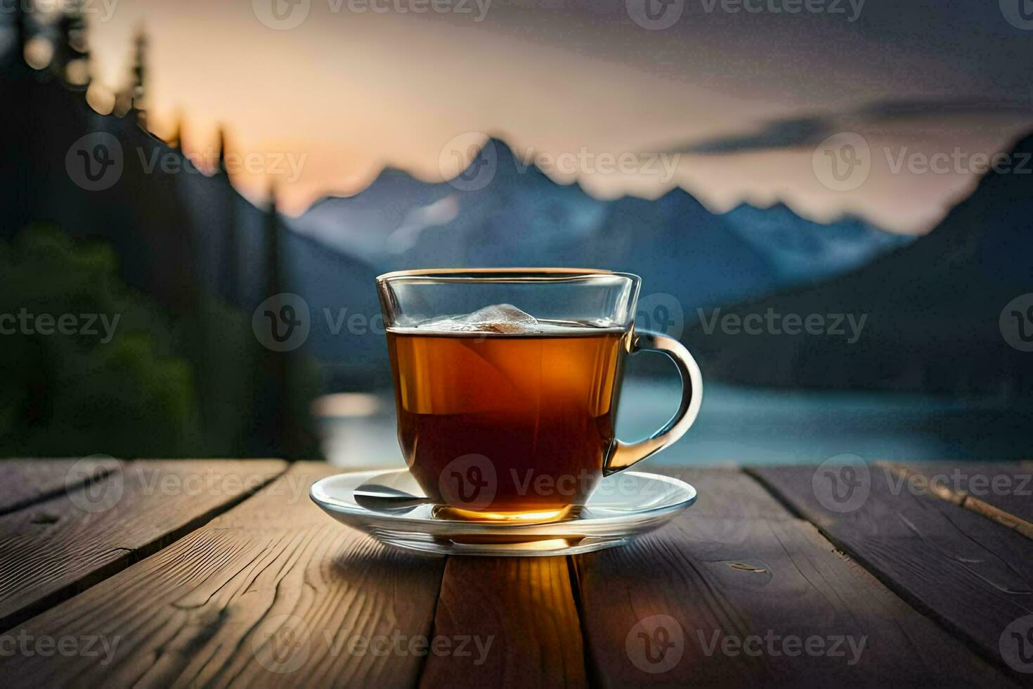 un taza de té en un de madera mesa en frente de un lago. generado por ai foto