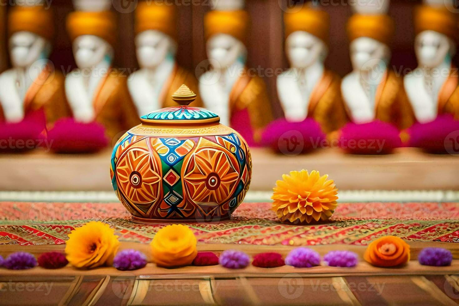 a colorful pot with a flower on top of it. AI-Generated photo