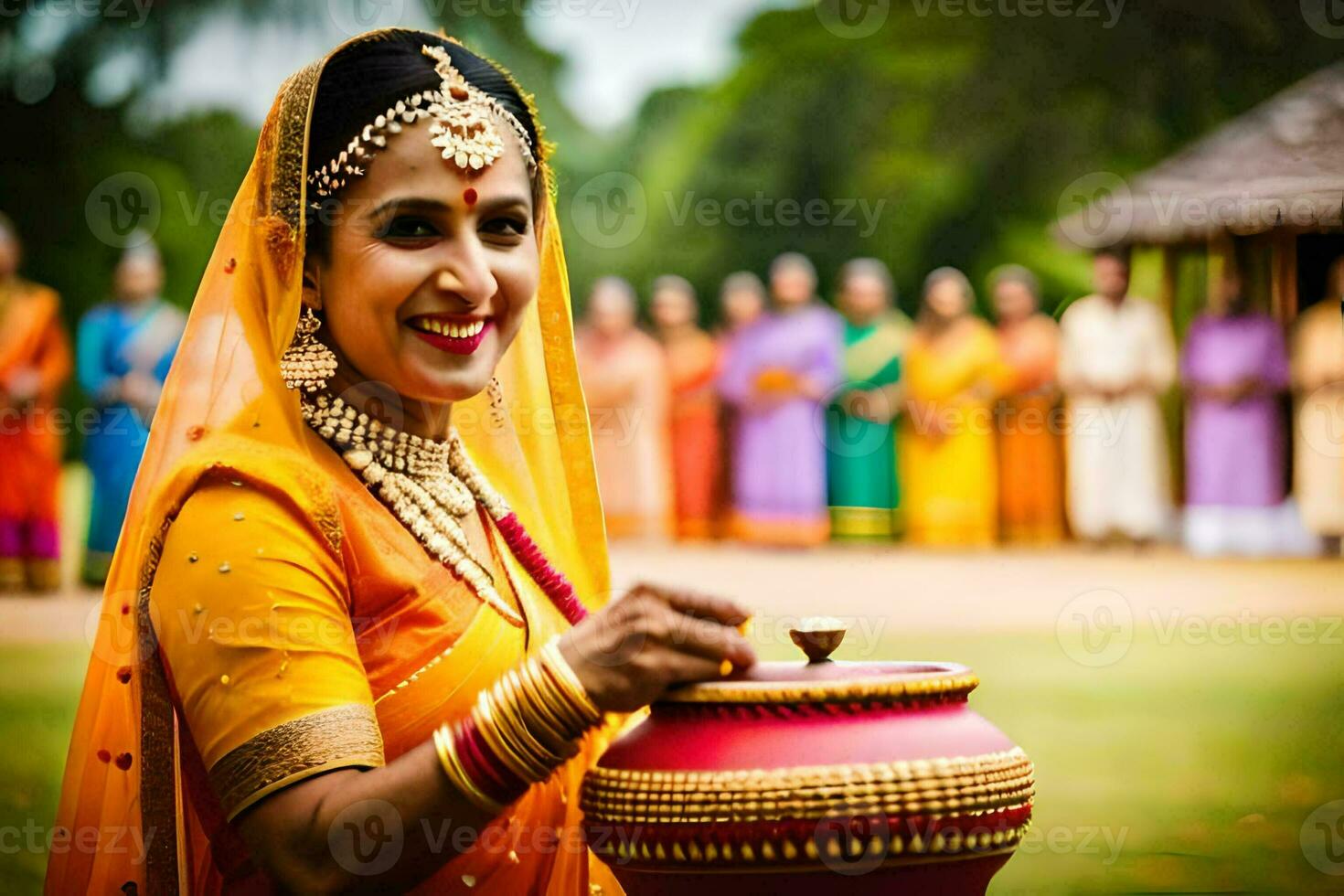 a woman in traditional indian attire holding a pot. AI-Generated photo