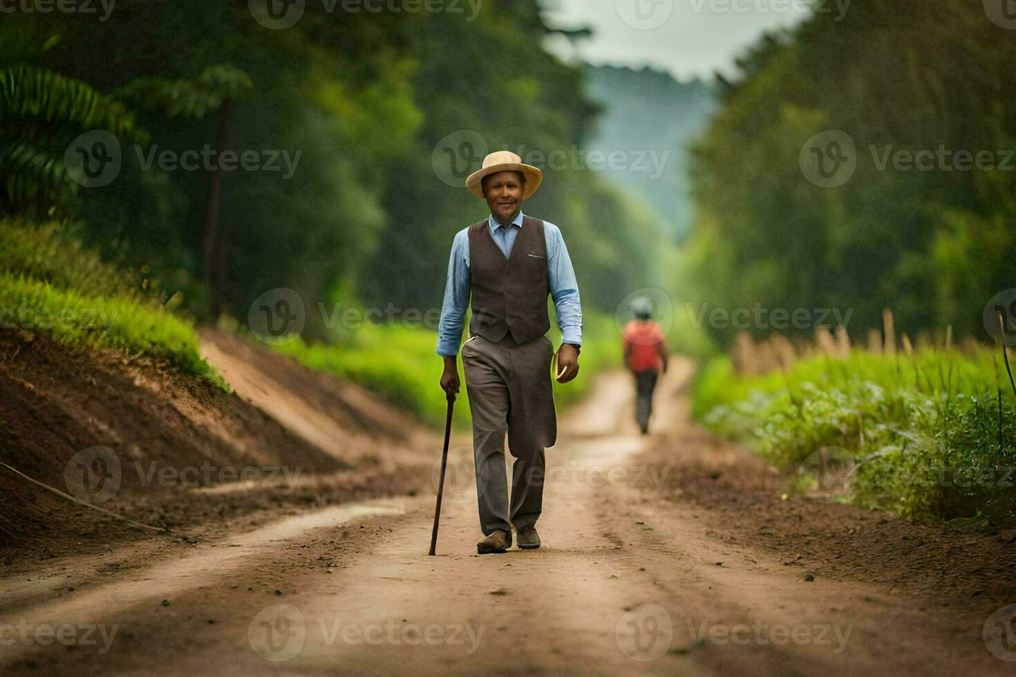 a man walking down a dirt road with a cane. AI-Generated photo