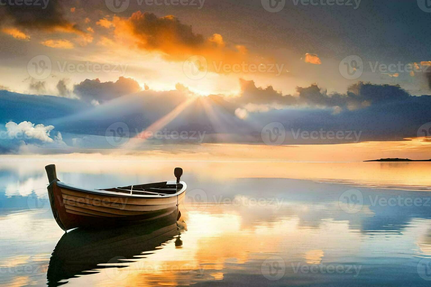 a boat on the water at sunset. AI-Generated photo
