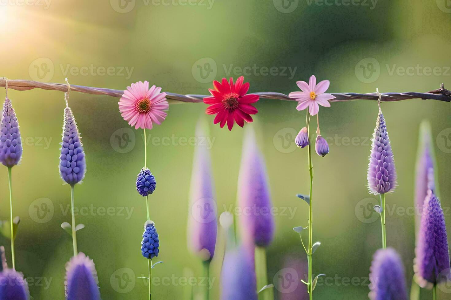 purple flowers on a wire. AI-Generated photo