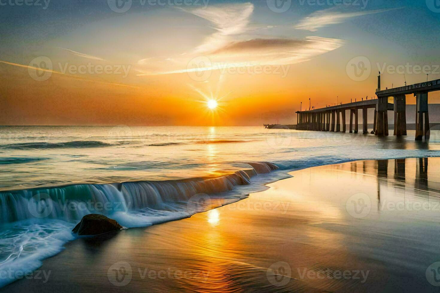 sunset over the ocean with waves crashing into the shore. AI-Generated photo