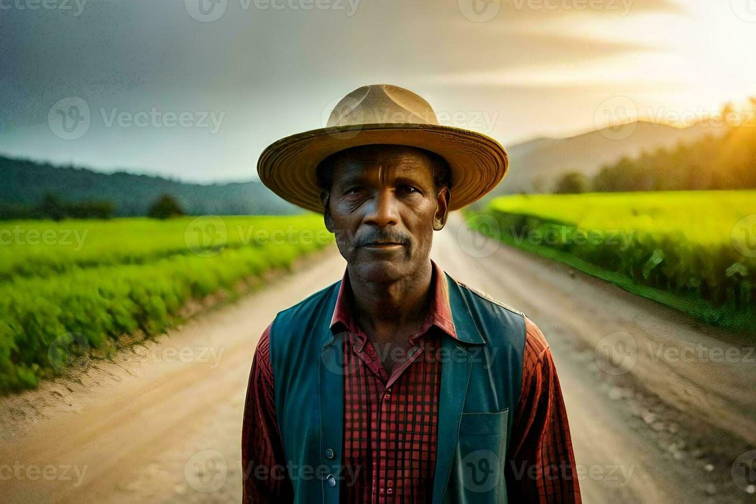 a man in a hat standing on a dirt road. AI-Generated photo