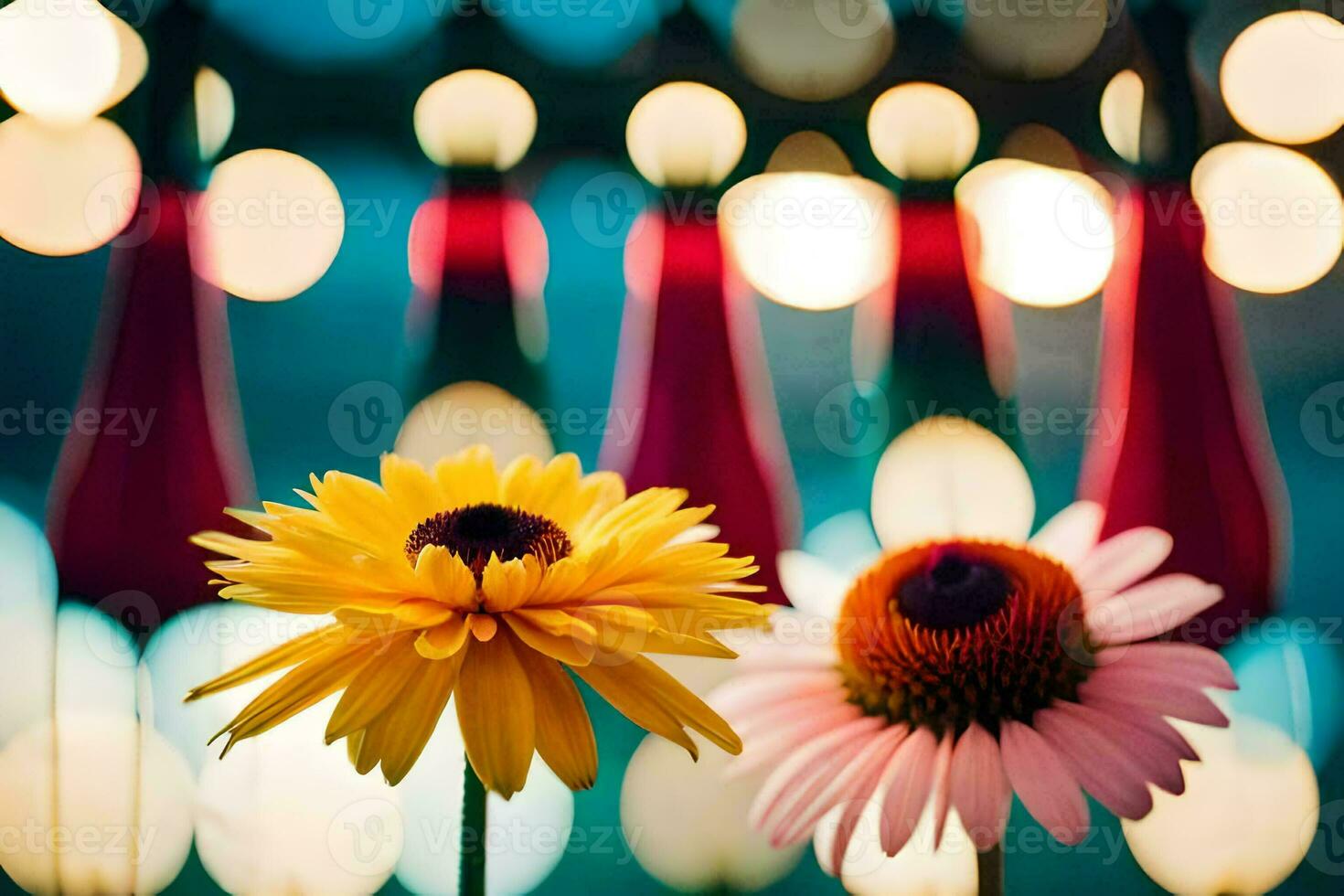 two yellow flowers are in front of a colorful background. AI-Generated photo