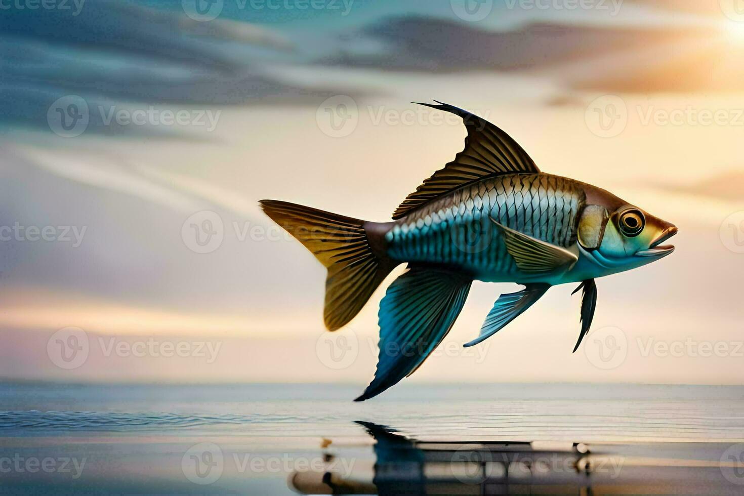 un pescado es volador terminado el agua a puesta de sol. generado por ai foto