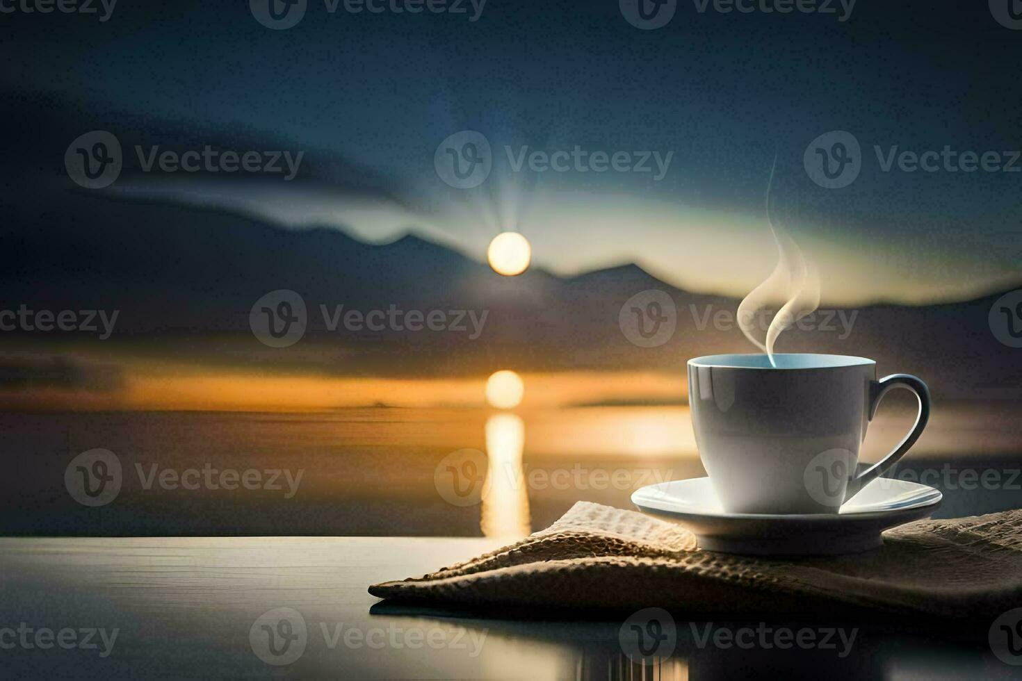 a cup of coffee on the table with a view of the sunset. AI-Generated photo