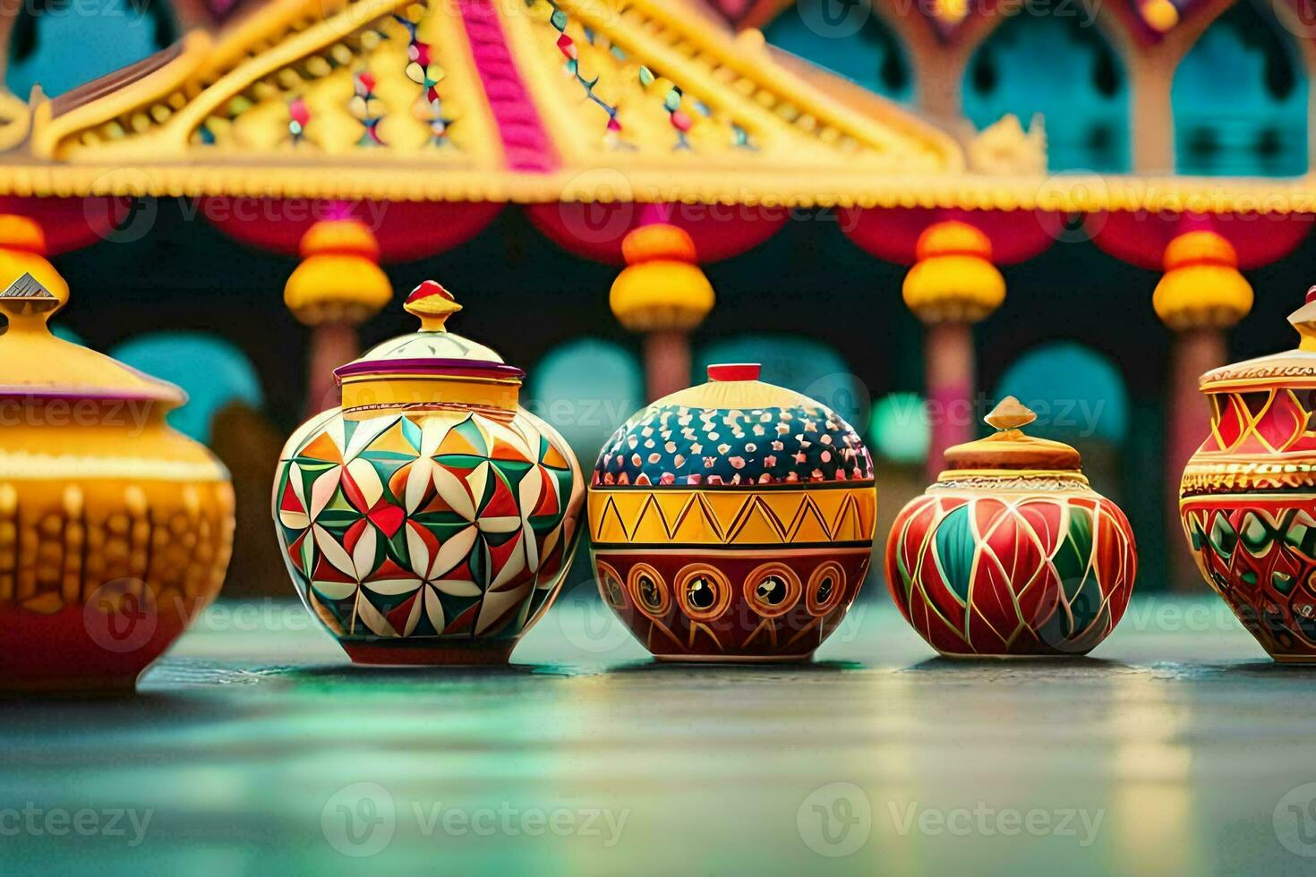 a row of colorful vases lined up in front of a colorful building. AI-Generated photo