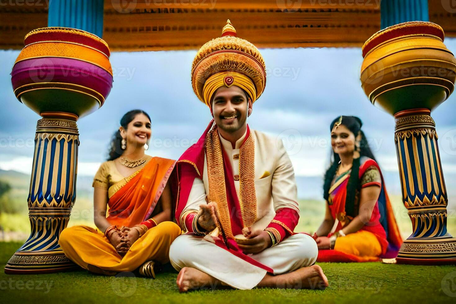 un hombre y mujer en tradicional indio atuendo sentar en el césped. generado por ai foto