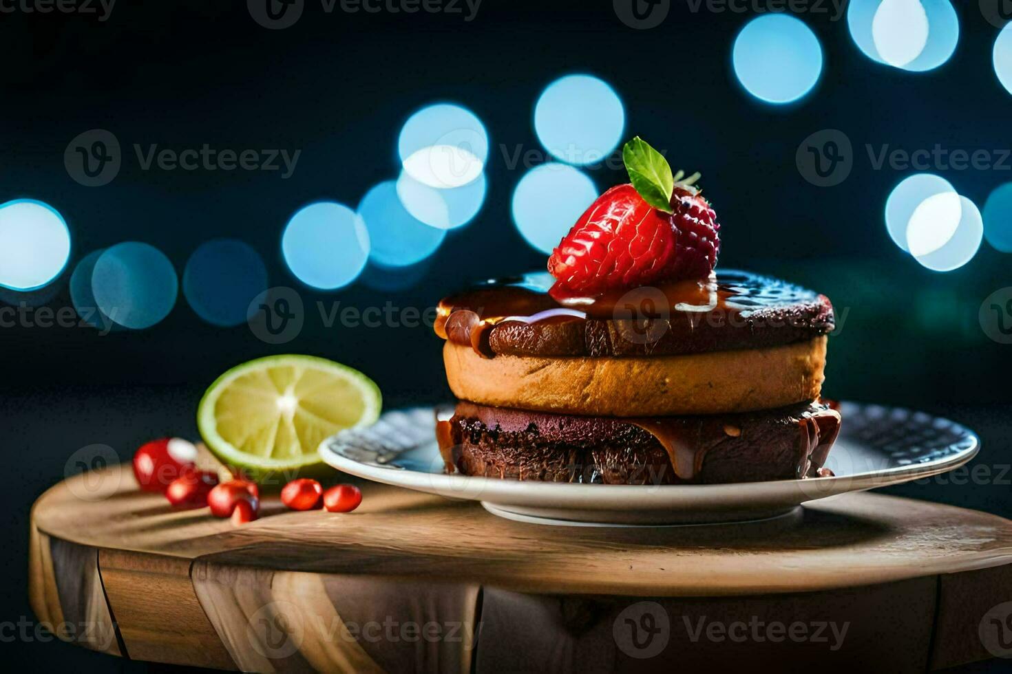 a strawberry and chocolate cake on a plate. AI-Generated photo