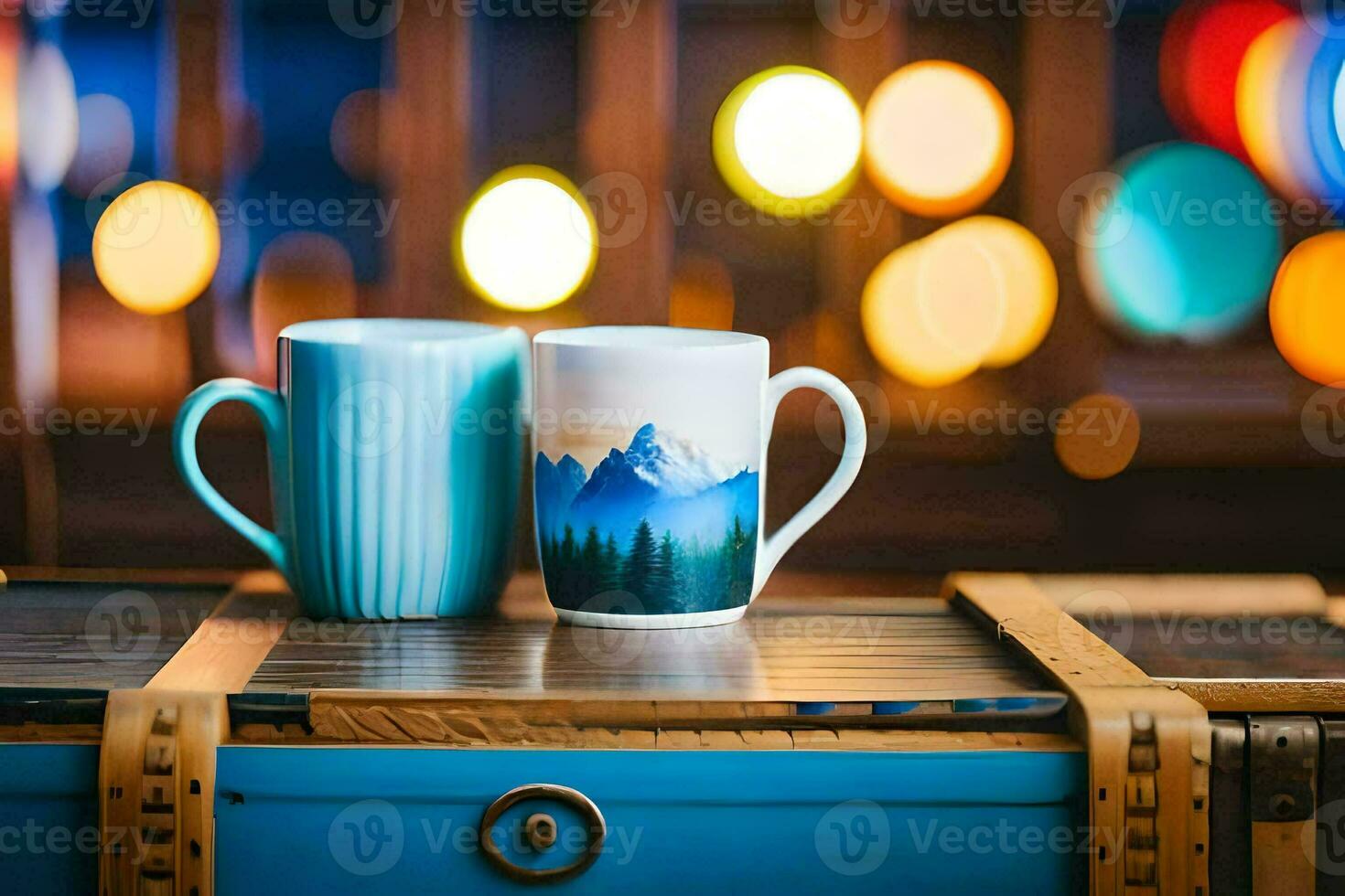 two coffee mugs sit on top of a wooden table. AI-Generated photo