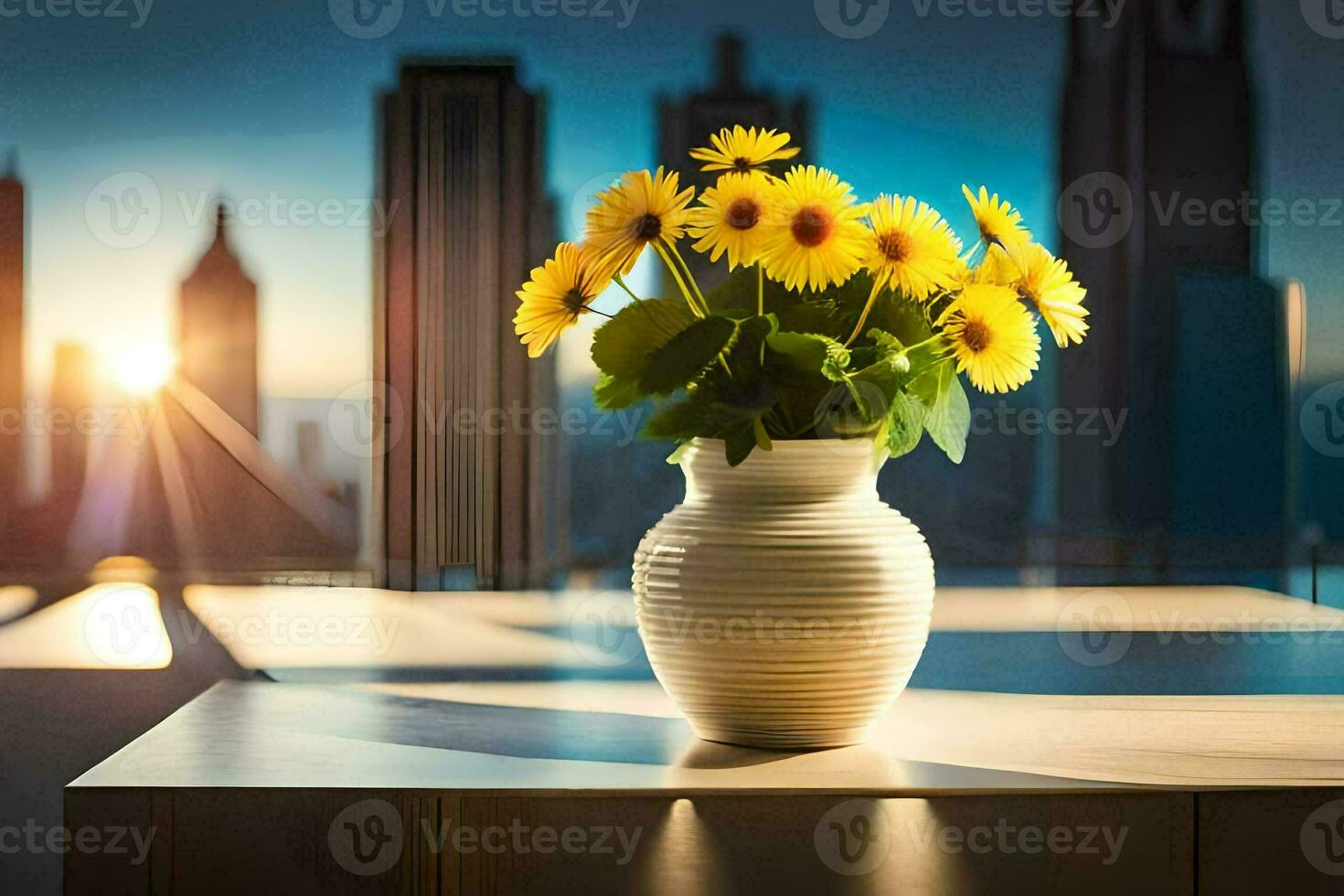 sunflowers in a vase on a table in front of a city skyline. AI-Generated photo