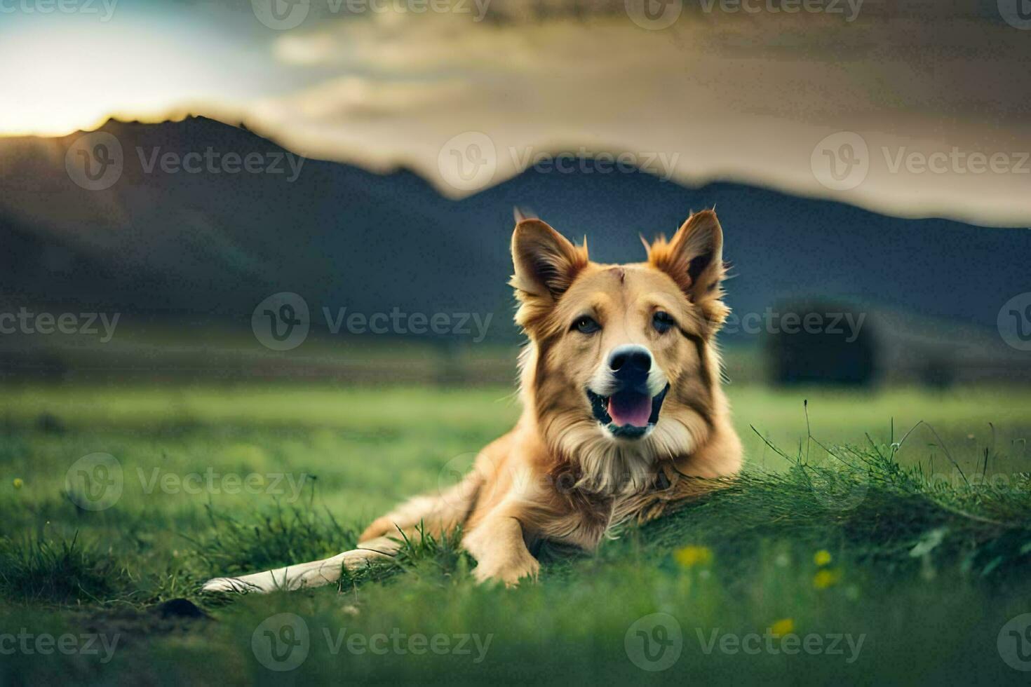 a dog laying in the grass with mountains in the background. AI-Generated photo