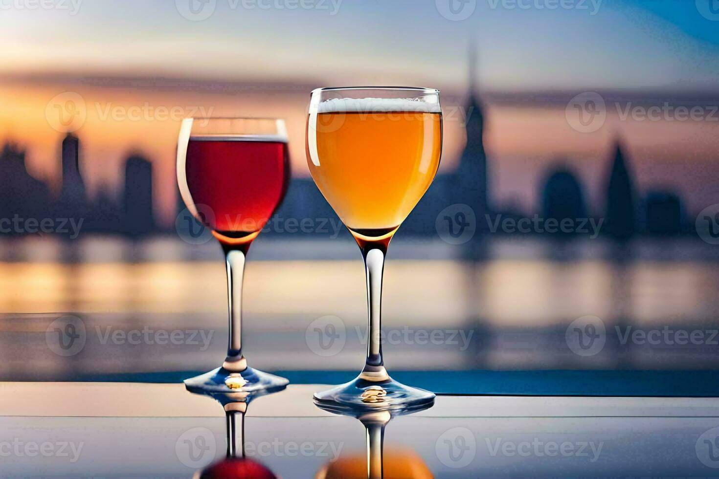 two glasses of wine with a city skyline in the background. AI-Generated photo