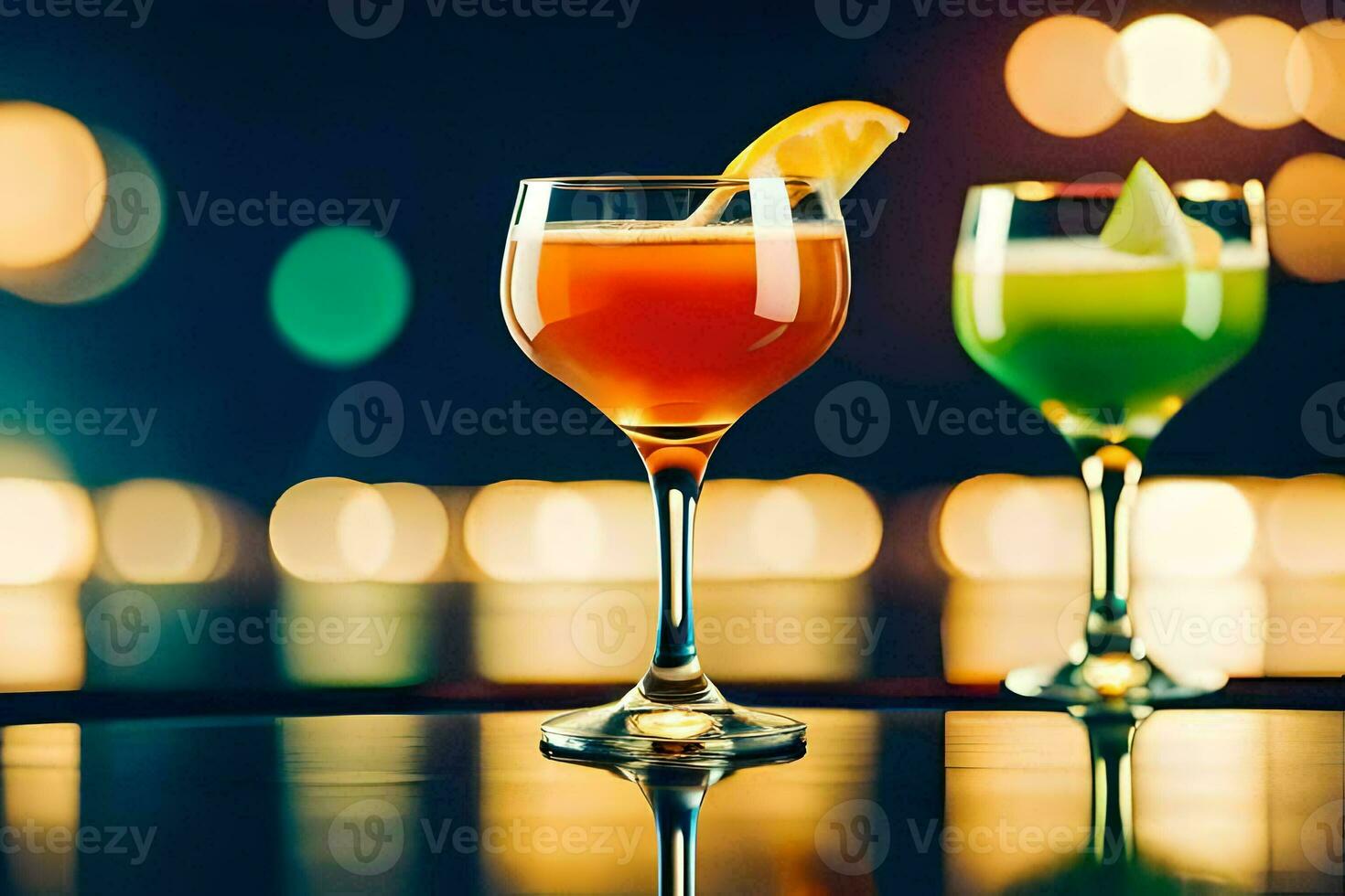 two cocktails on a table with a blurred background. AI-Generated photo