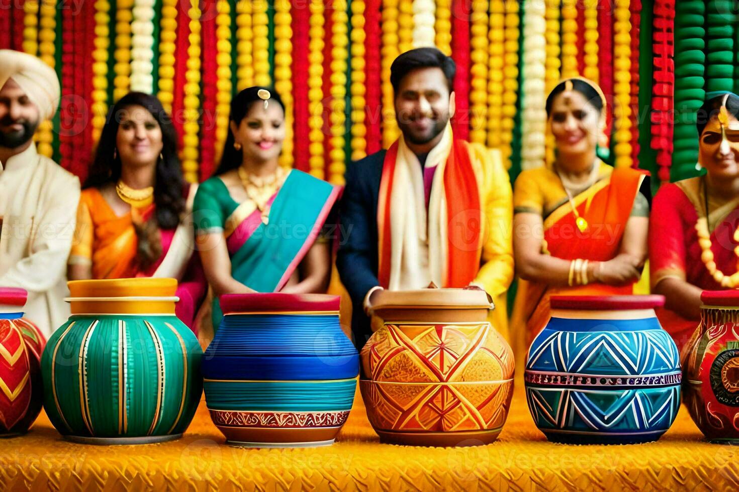 indian wedding ceremony with colorful pots. AI-Generated photo