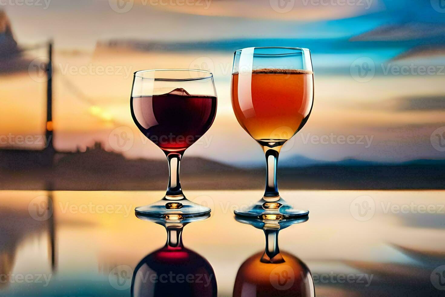 two glasses of wine on a table with a sunset in the background. AI-Generated photo