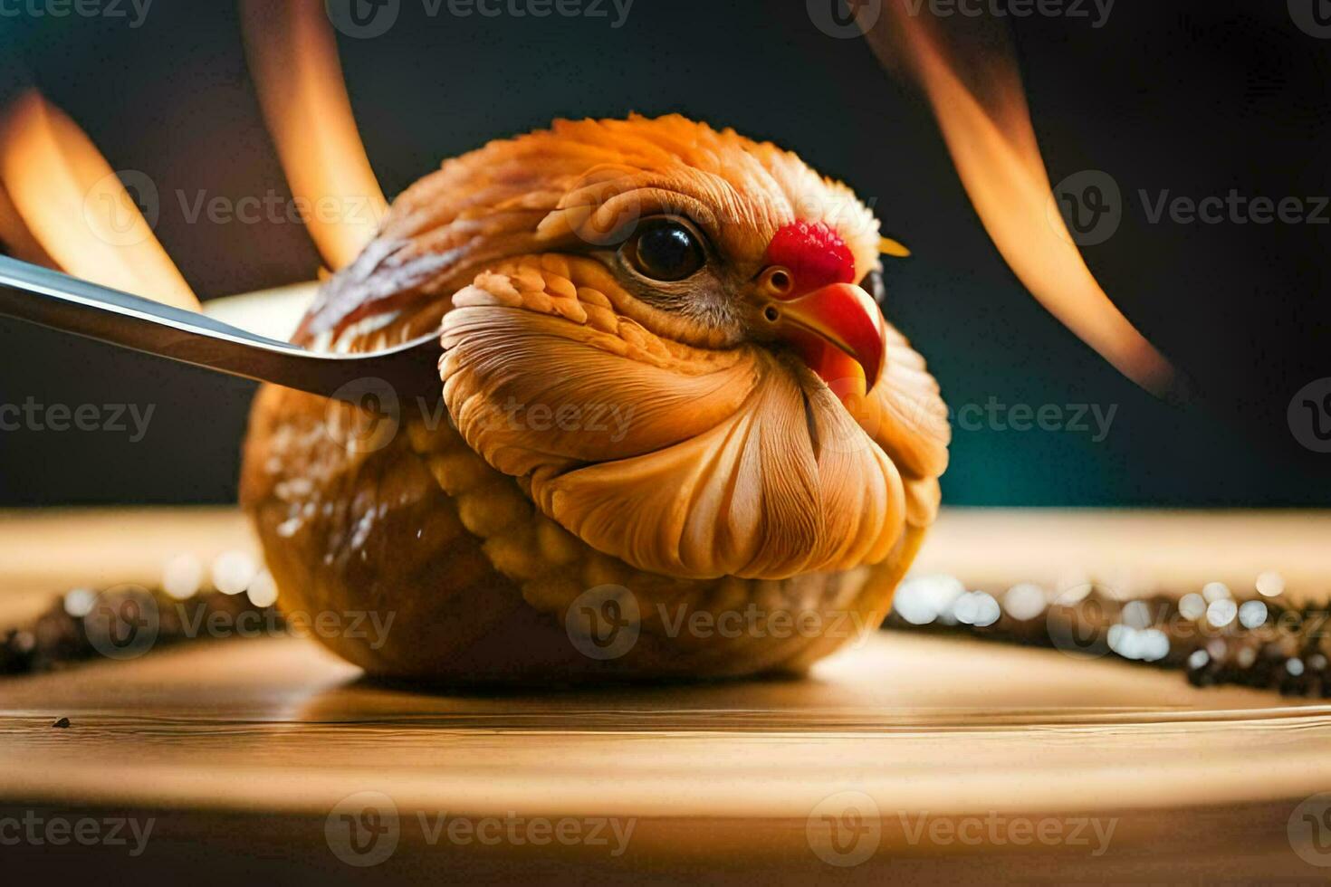 a chicken with a knife on top of a wooden table. AI-Generated photo