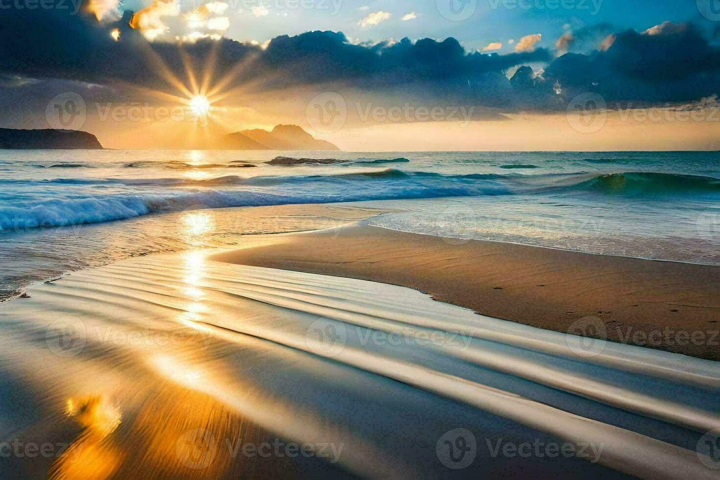 the sun shines over the ocean and waves on a beach. AI-Generated photo