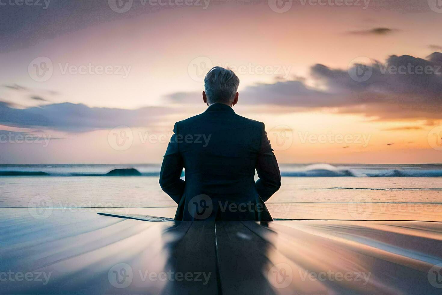 a man in a suit sitting on a dock at sunset. AI-Generated photo