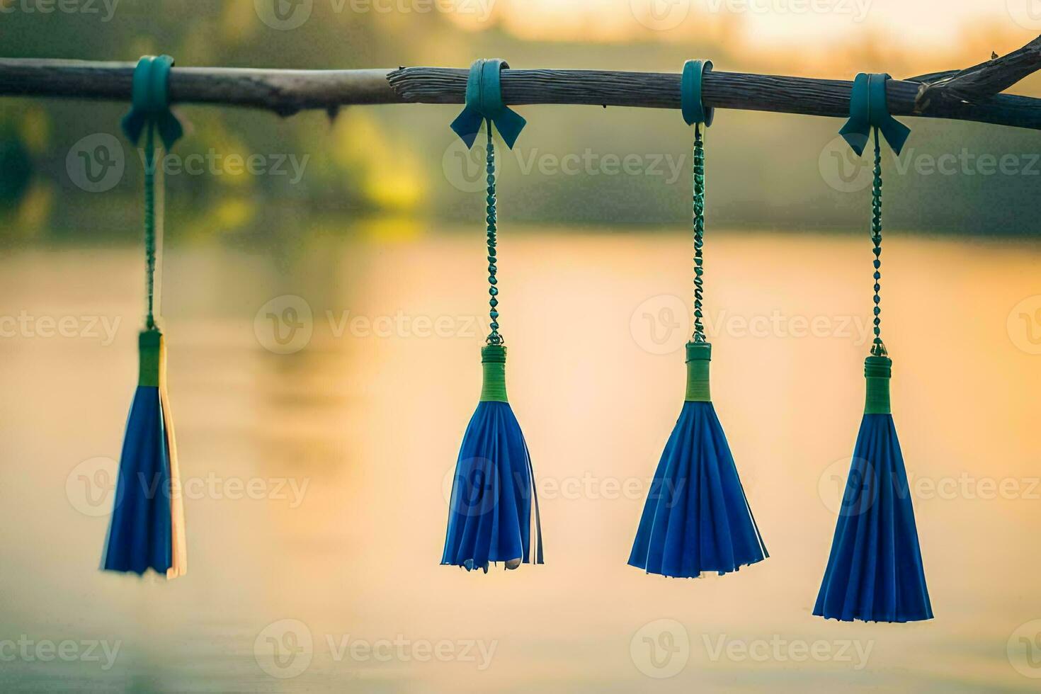 blue tassels hanging from a branch by a lake. AI-Generated photo