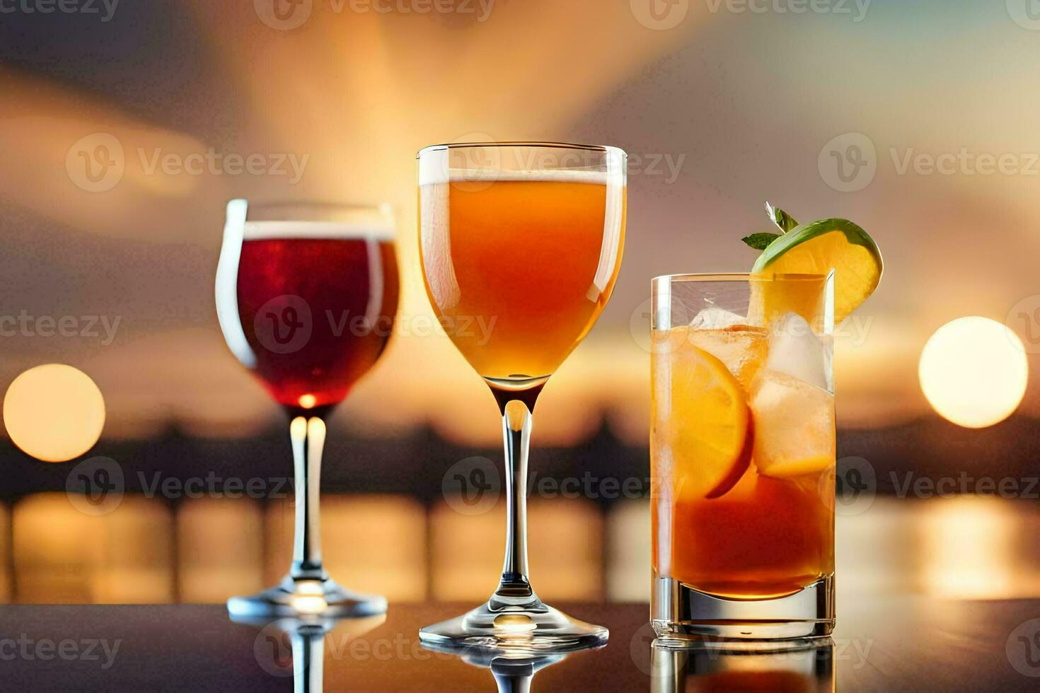 three glasses of different drinks on a table. AI-Generated photo