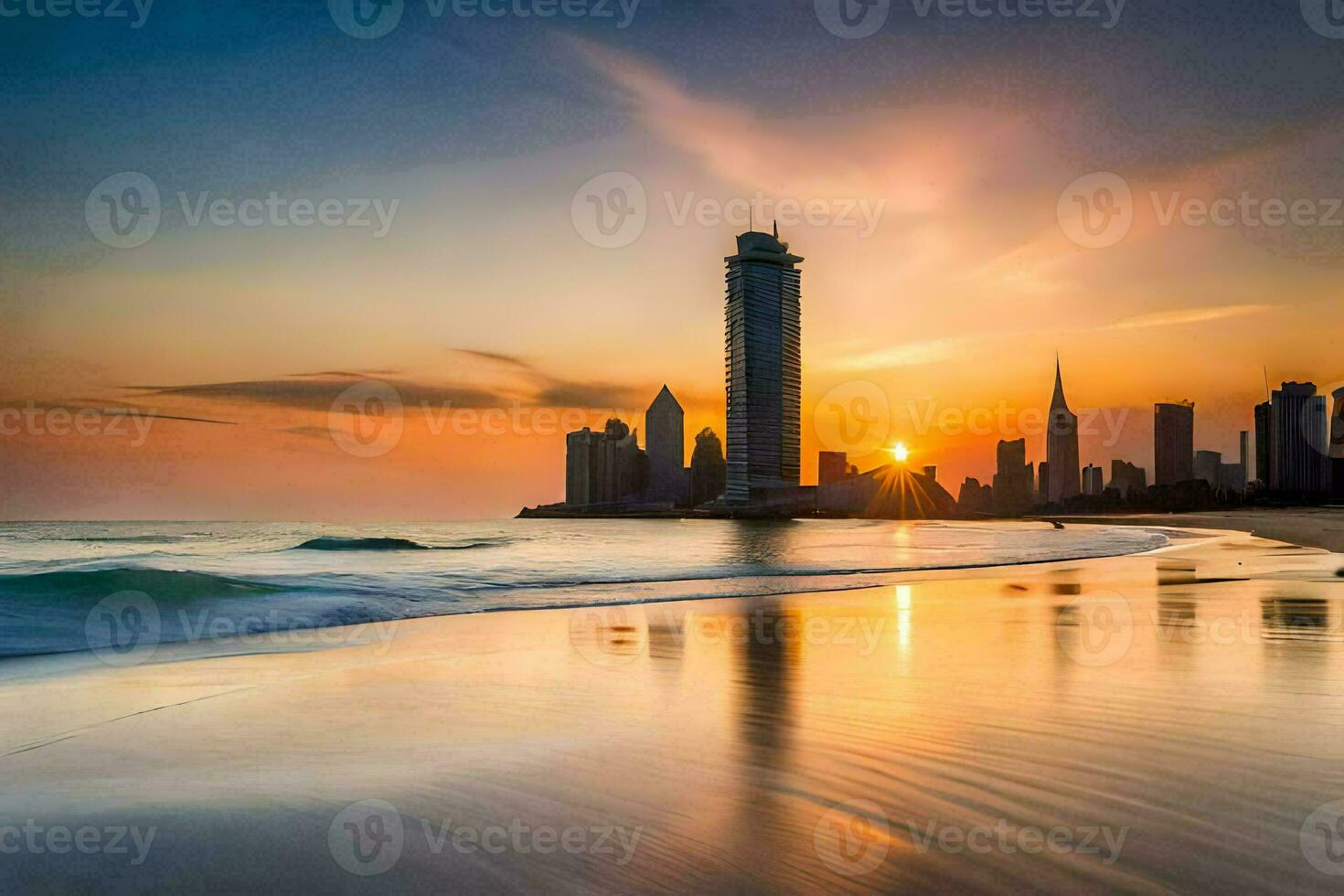 the sun sets over the city skyline in dubai. AI-Generated photo