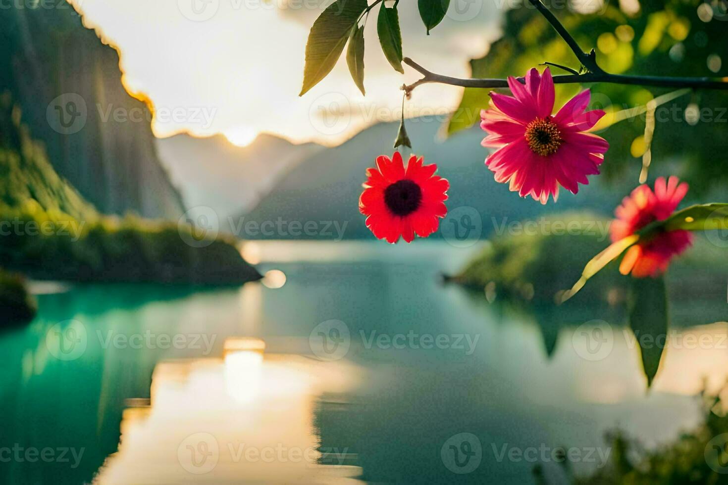 foto fondo de pantalla el cielo, flores, montañas, lago, el sol, el montañas, el lago. generado por ai