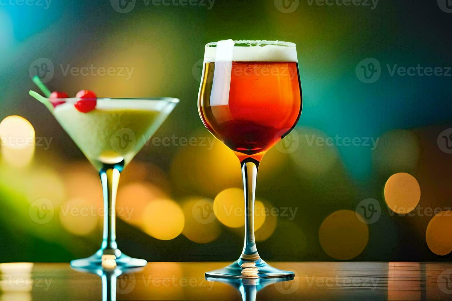 two glasses of alcohol on a table with a blurred background. AI-Generated photo