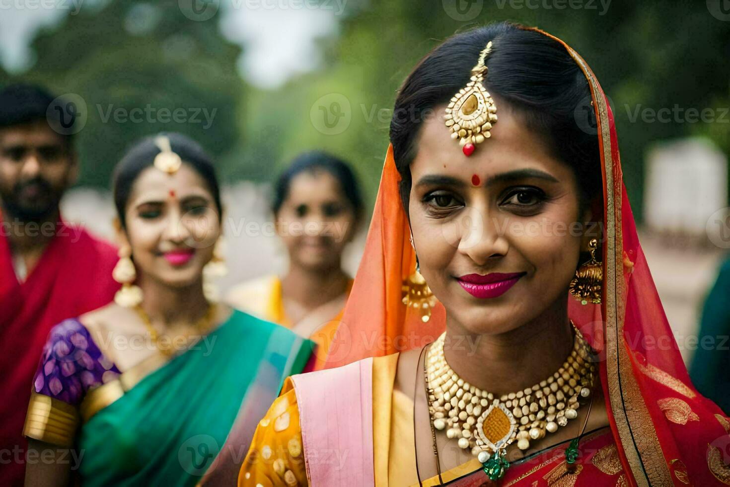 un mujer en tradicional indio atuendo con su amigos. generado por ai foto