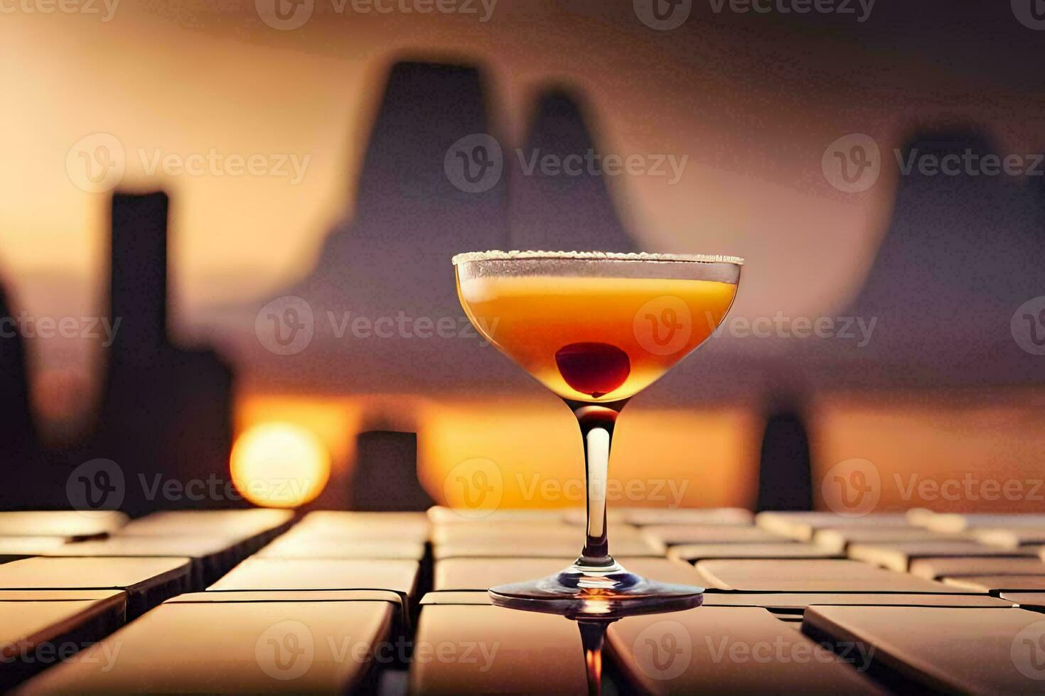 a cocktail sitting on a table in front of a city skyline. AI-Generated photo