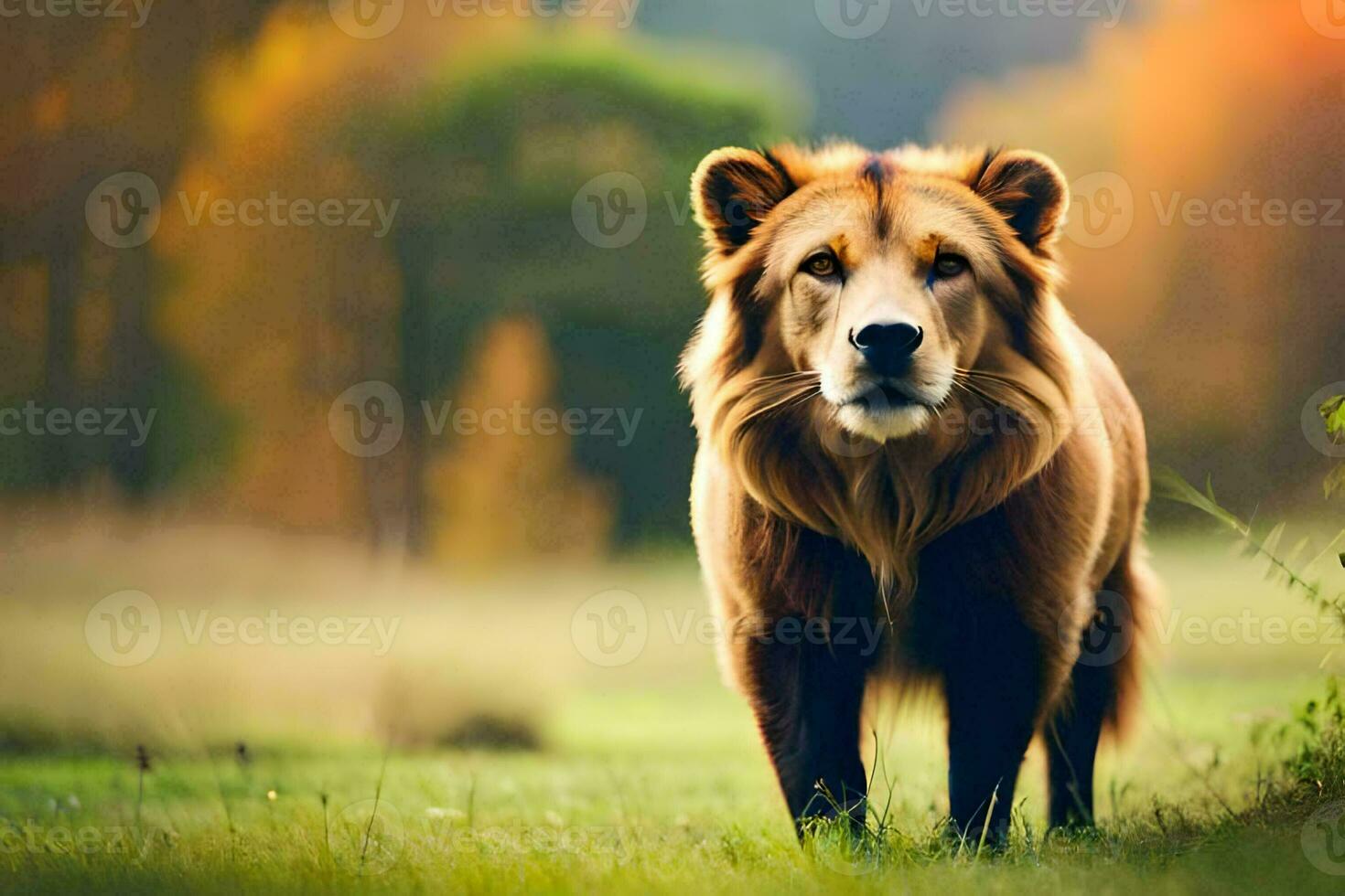 a lion is walking in the grass. AI-Generated photo