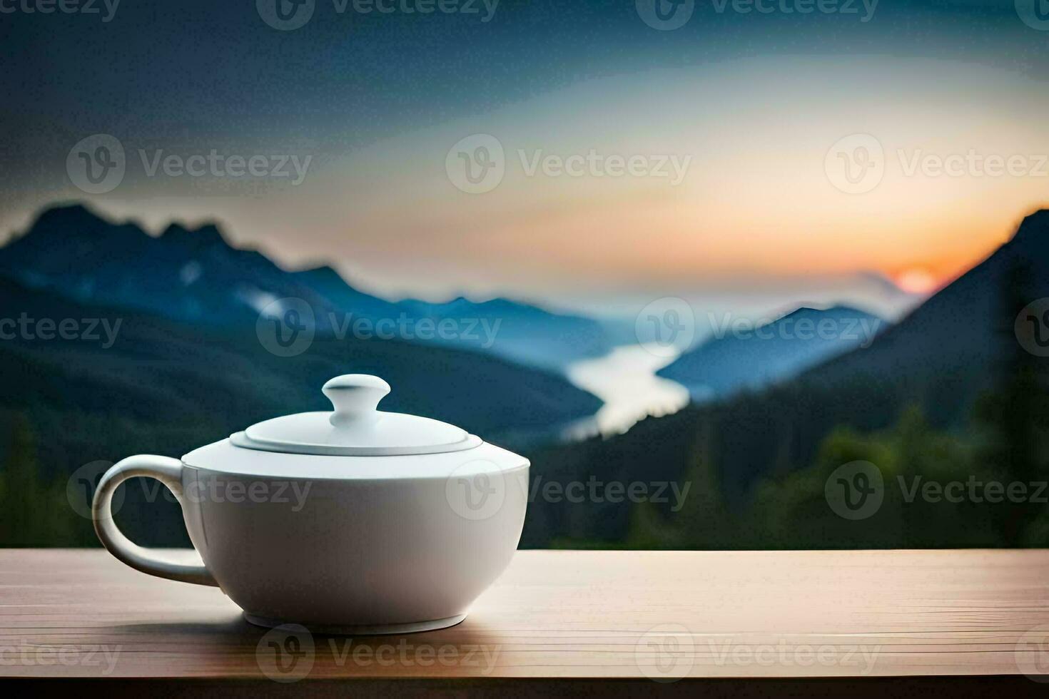 té taza en un mesa en frente de montañas. generado por ai foto