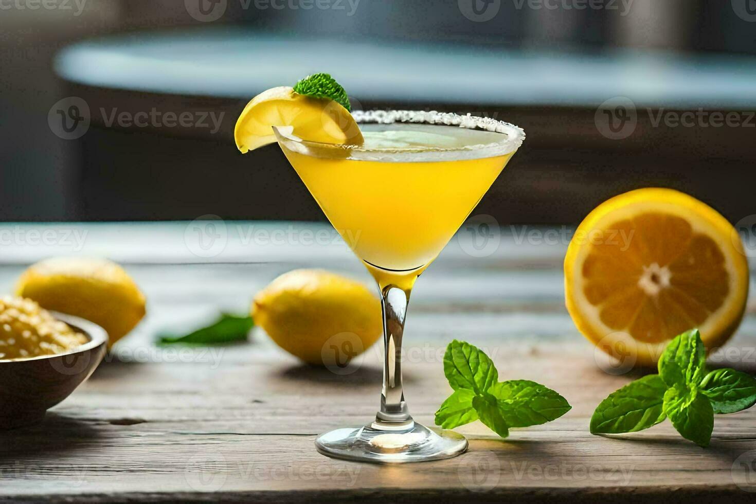 a cocktail with lemon and mint on a wooden table. AI-Generated photo