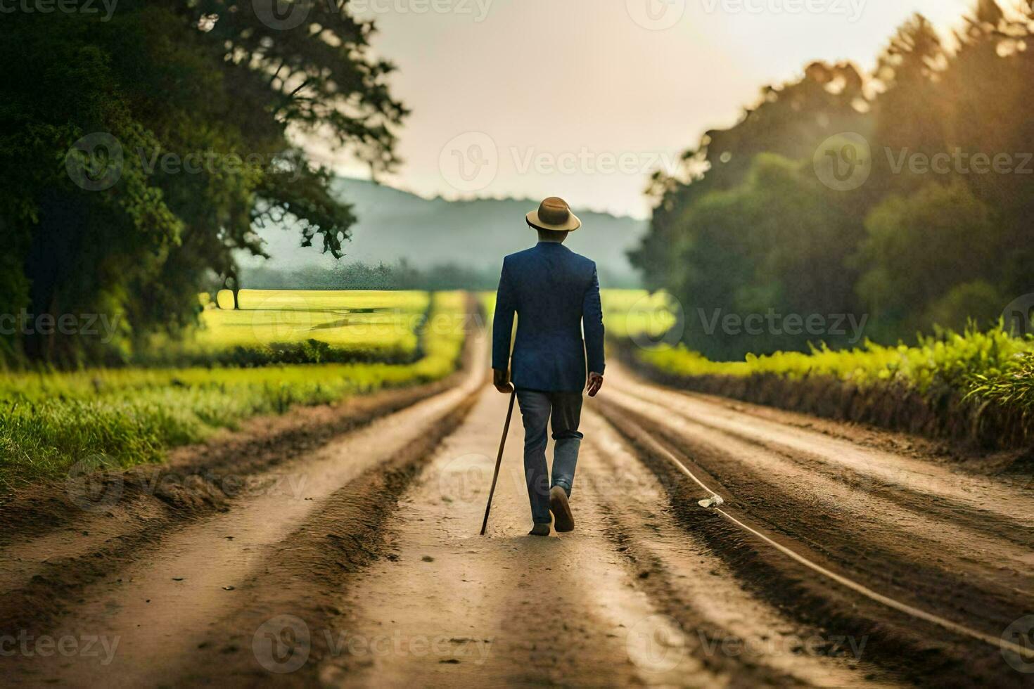 a man in a suit walking down a dirt road. AI-Generated photo