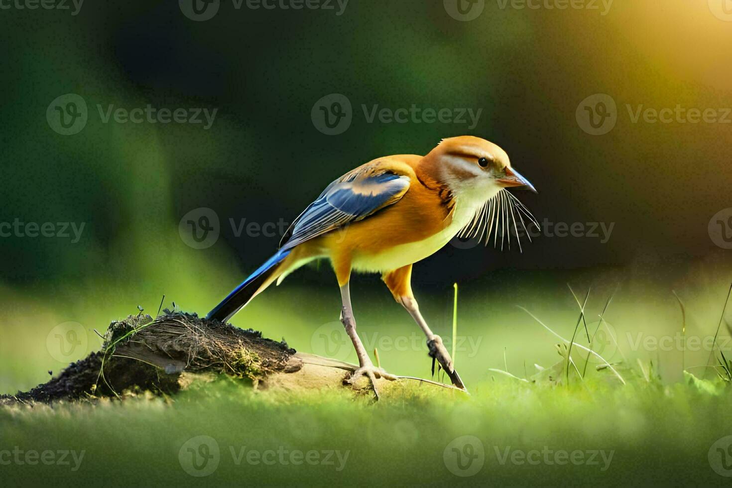 a bird is standing on a log in the grass. AI-Generated photo