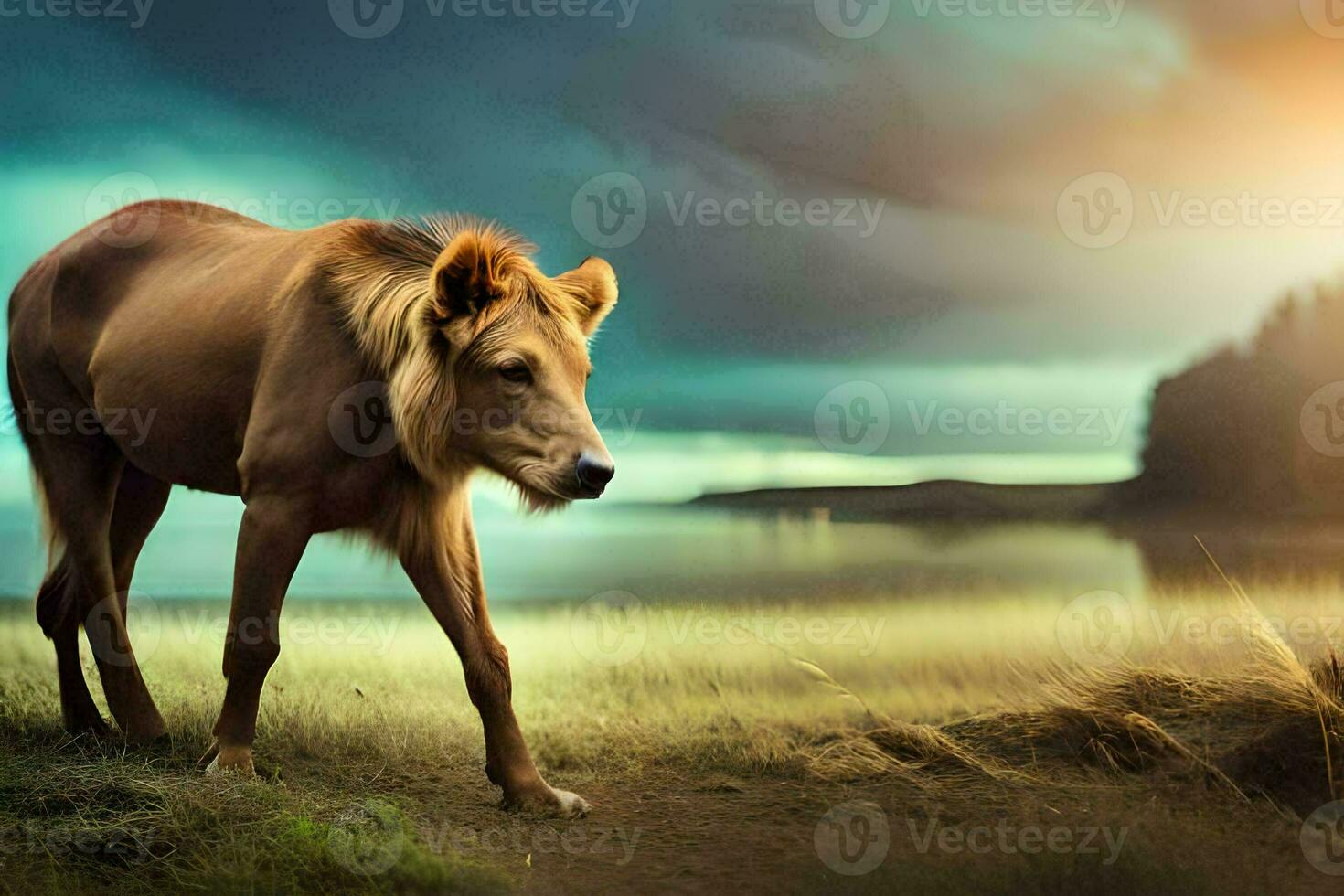 un león es caminando en el césped cerca el agua. generado por ai foto