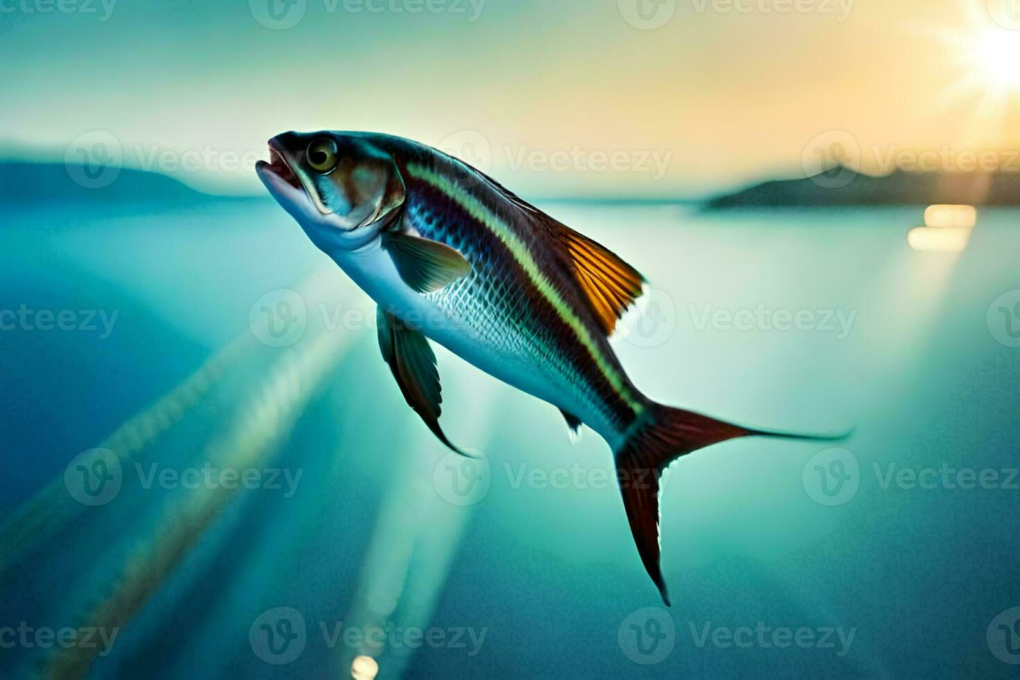 fish in the water with the sun in the background. AI-Generated photo