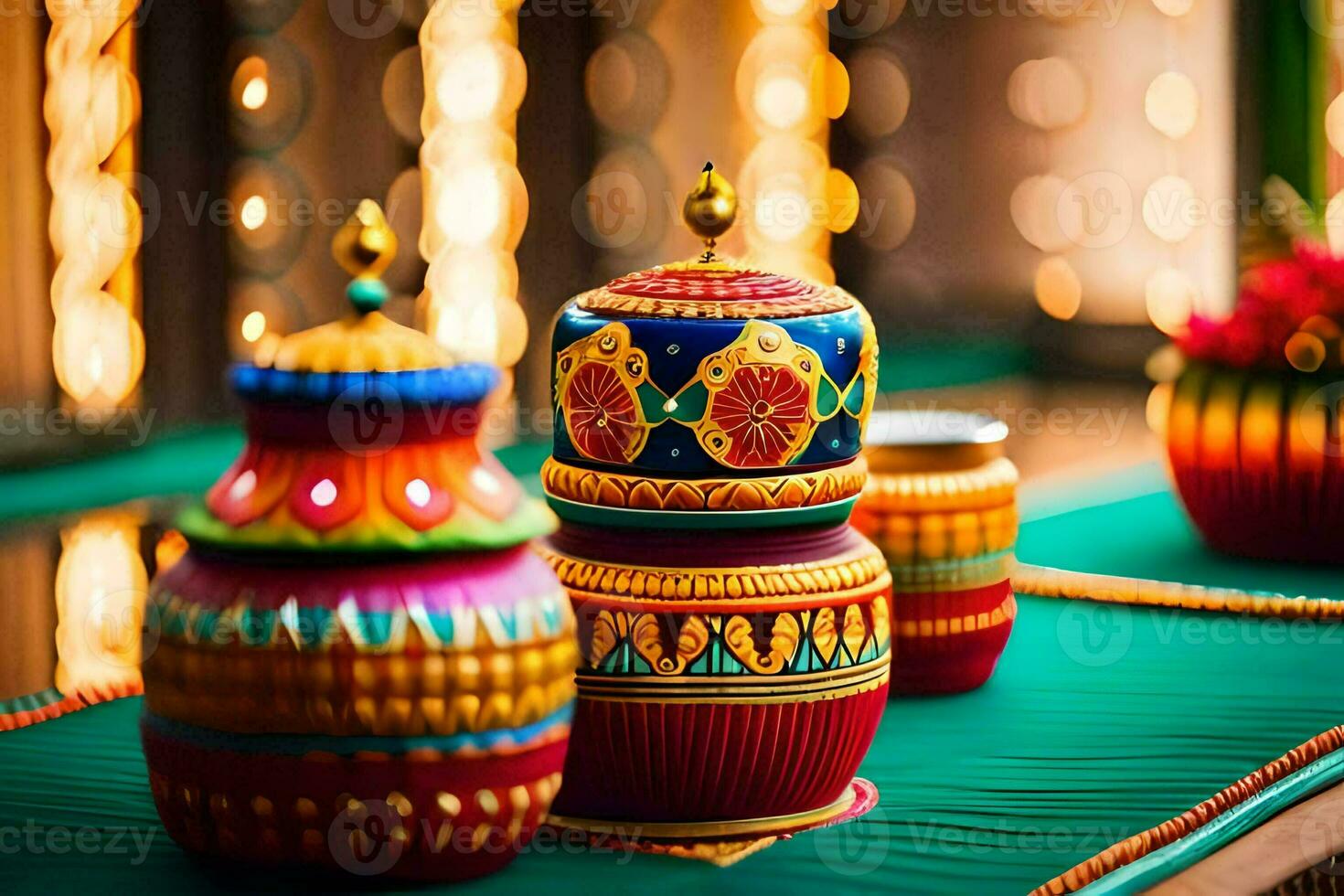 colorful decorative pots on a table with lights. AI-Generated photo