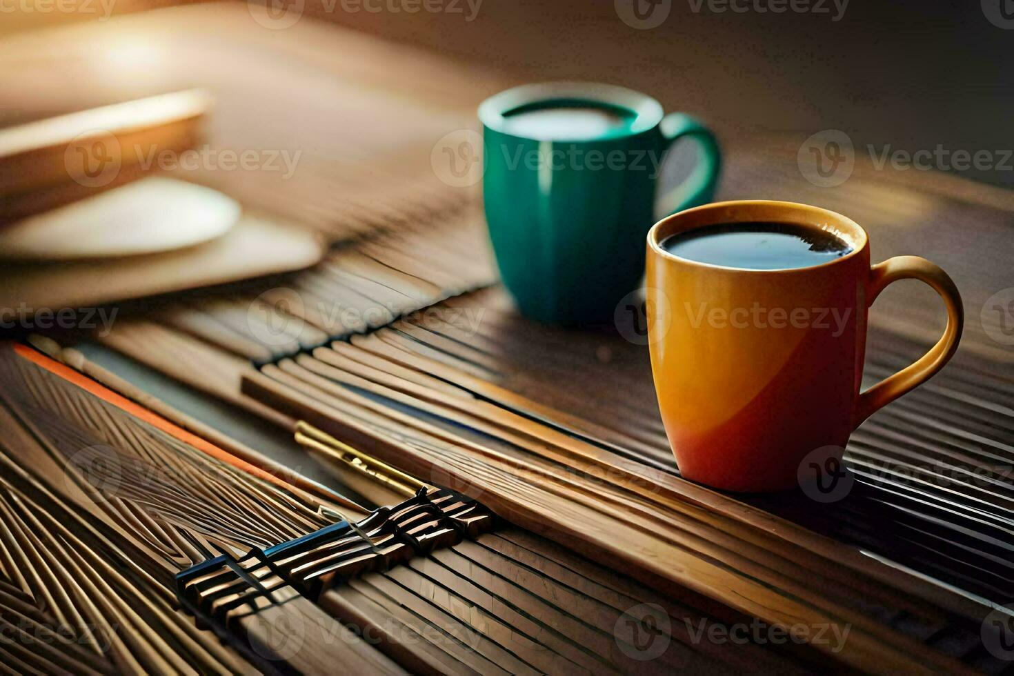 two coffee cups on a wooden table. AI-Generated photo