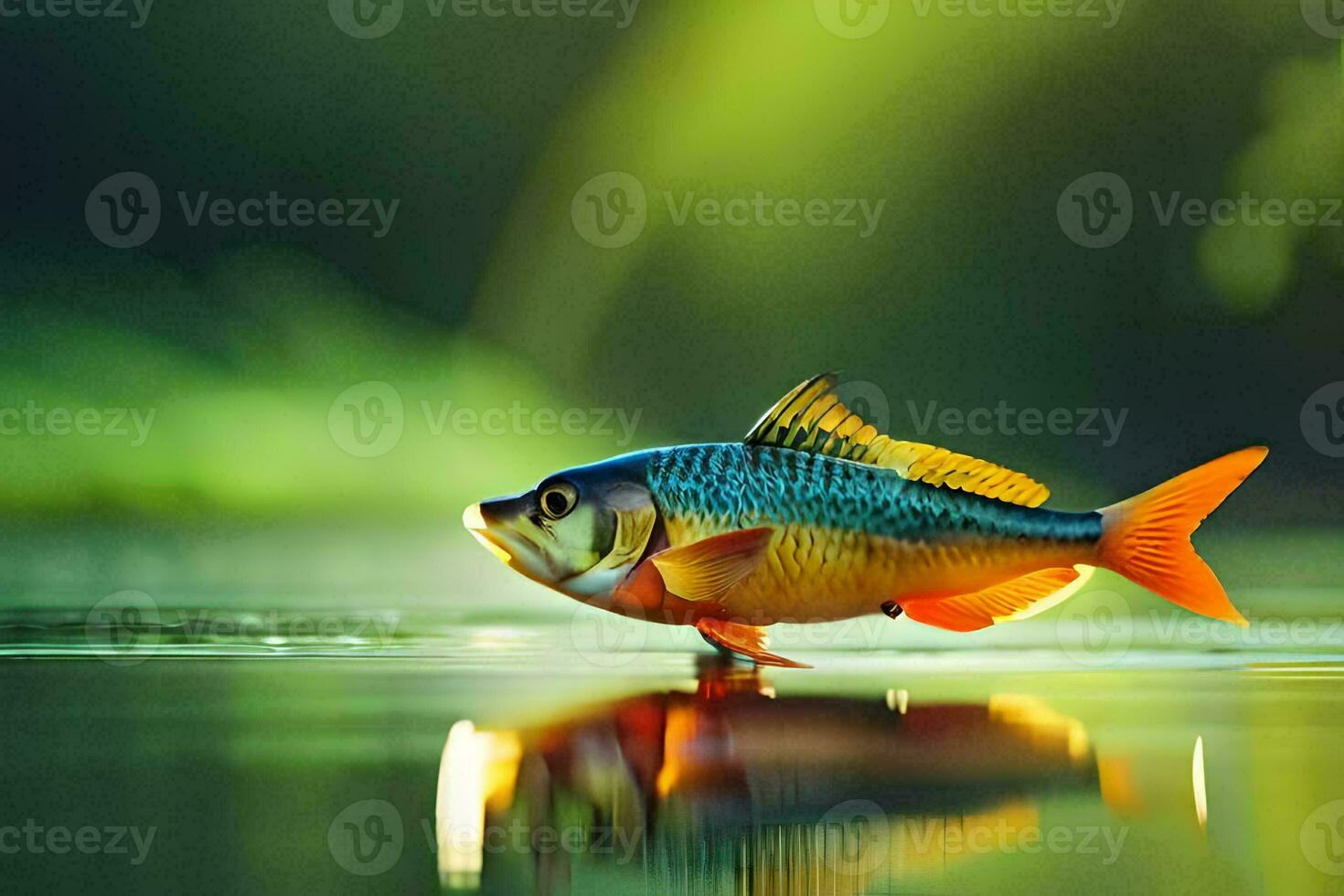 a fish is standing on the water with a green background. AI-Generated photo