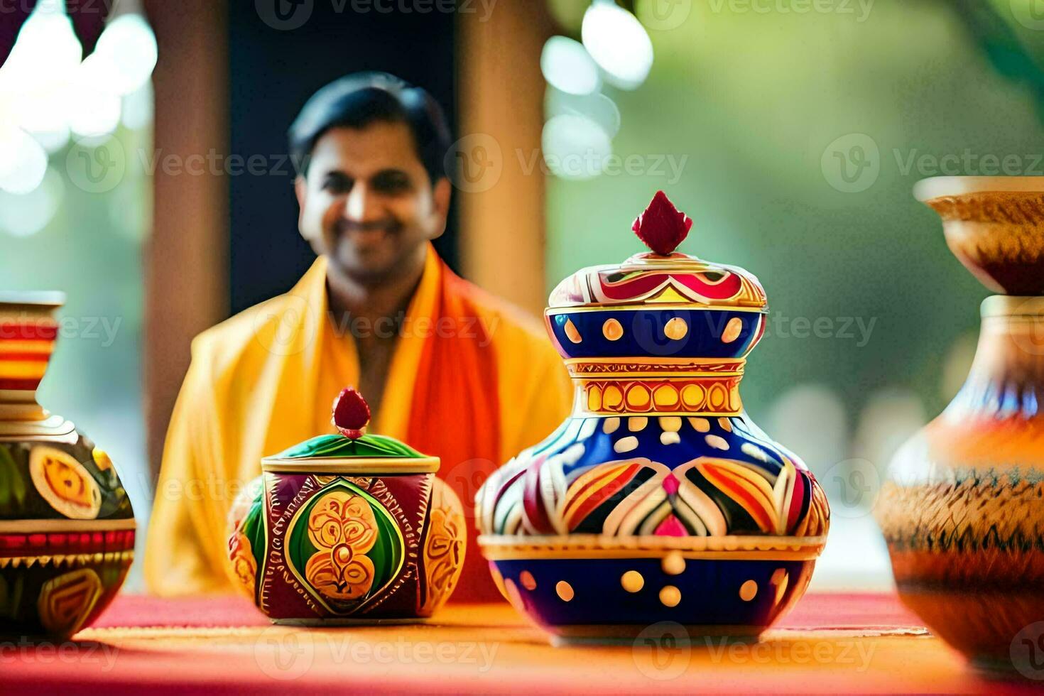 a man in an indian outfit sits in front of colorful vases. AI-Generated photo