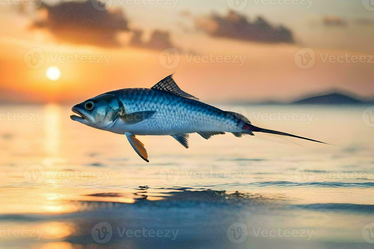 a fish is flying over the ocean at sunset. AI-Generated photo