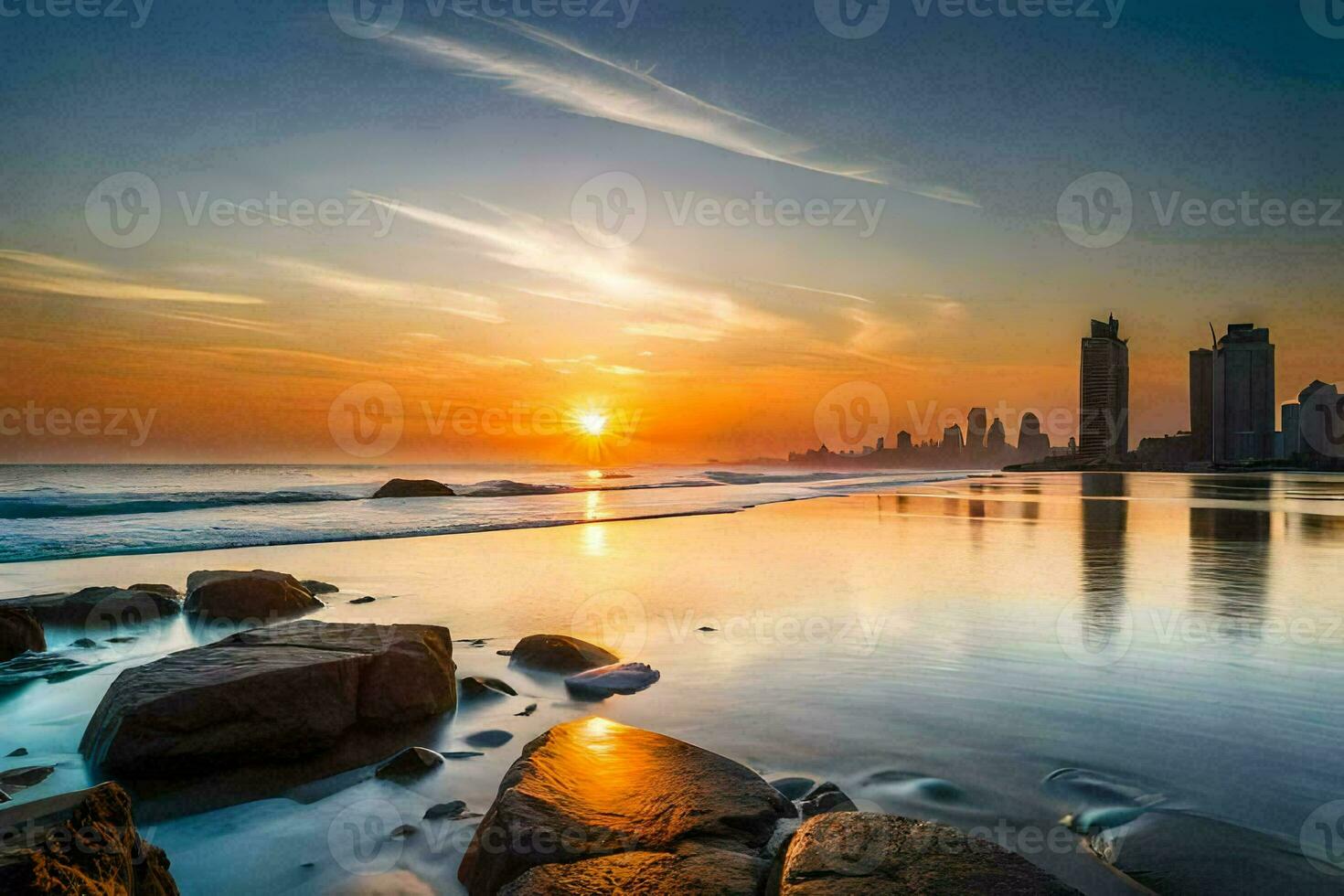 the sun sets over the beach and city skyline. AI-Generated photo