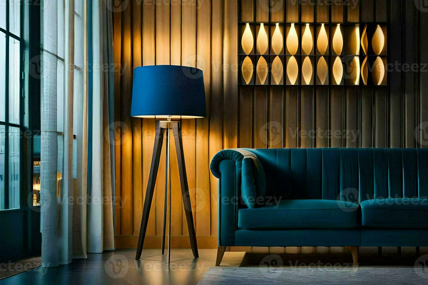 a blue sofa and lamp in a room. AI-Generated photo